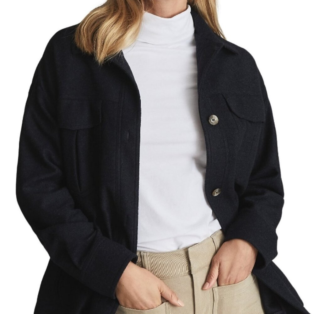 Reiss Tilly Flannel Overshirt/Shacket – Navy – Size 2 – NWT